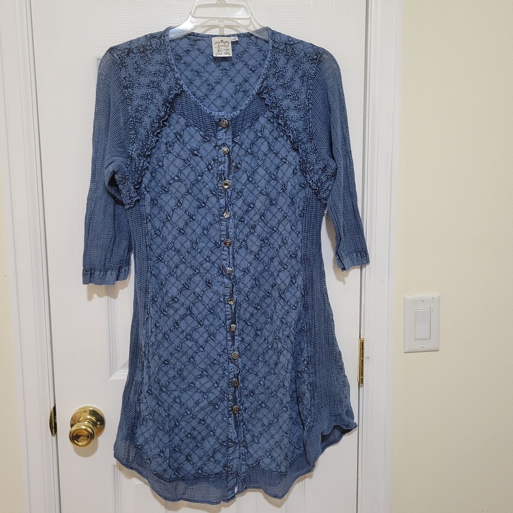 Parsley & Sage Blue Cotton Button Front Tunic Top Mini Dress Mesh Detail M